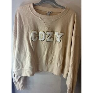 Chicka-d Cozy‎ Sweatshirt Pullover Womens XL Beige Ribbed Sequin Letters